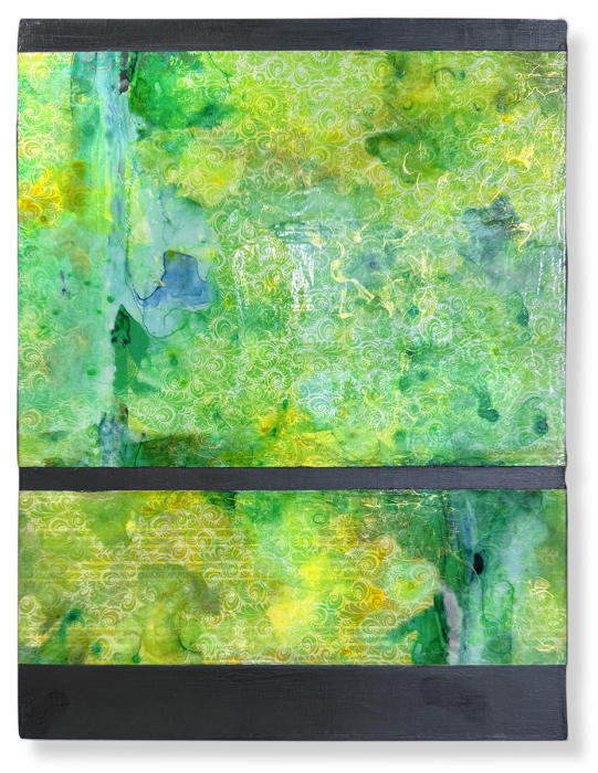 <center><em>Green Brocade l</em> (2015) 12"x9"</br>Alternative media on handcrafted multi-layered acrylic collage on wood panel<br/><br/><a href="/gallery.html?folio=Detail%20III&gallery=Green%20Brocade%20I" target="_parent">click for detail image</a></center>